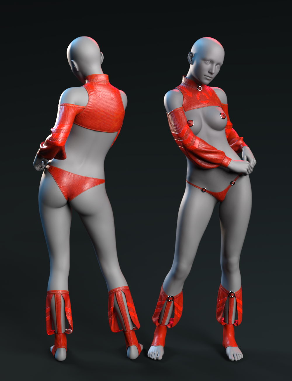 Futuristic red latex fashion bodysuit with high-neck top, minimal bottoms, and matching calf accessories.