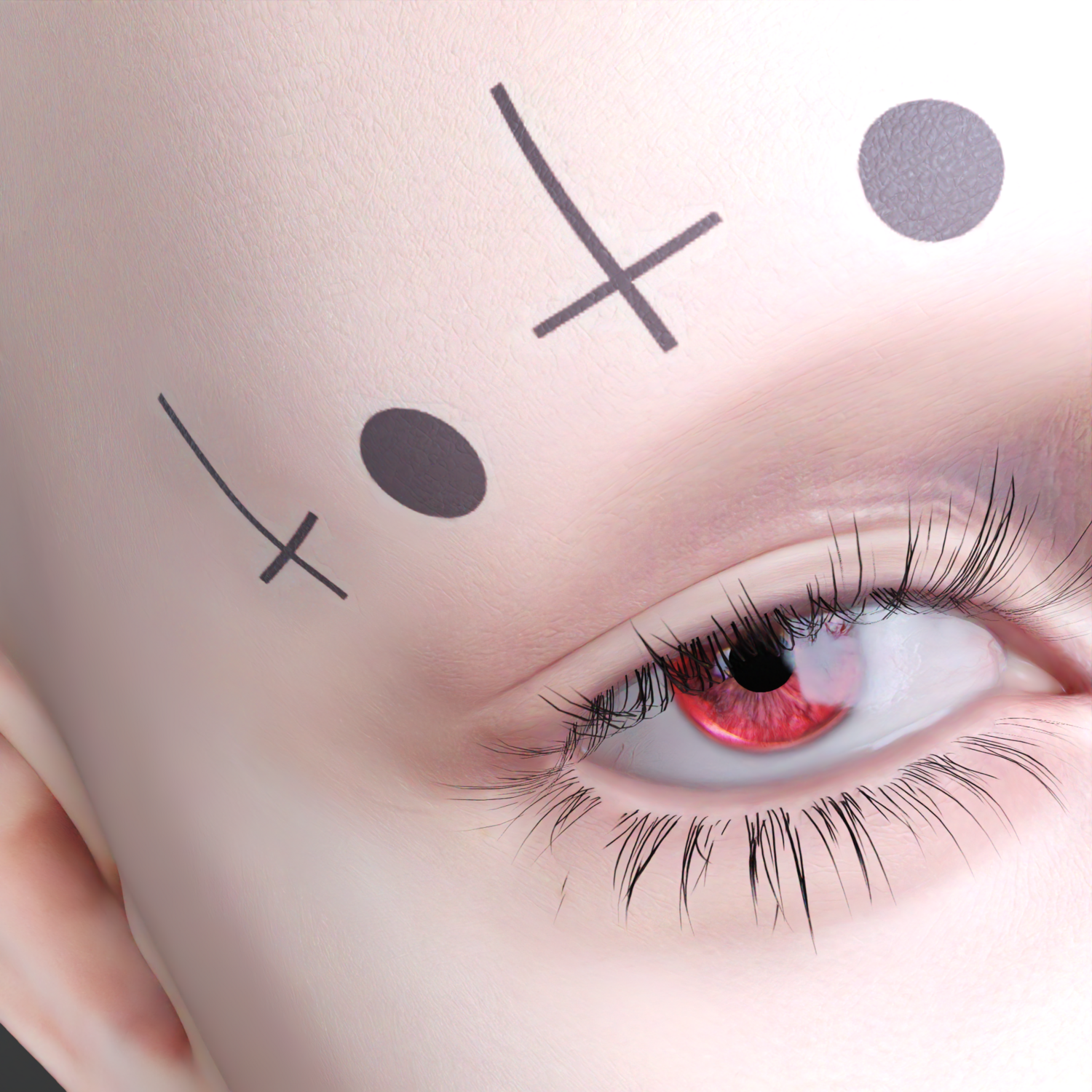 Surreal futuristic portrait featuring a porcelain face, intense red eye, and symbolic forehead markings.