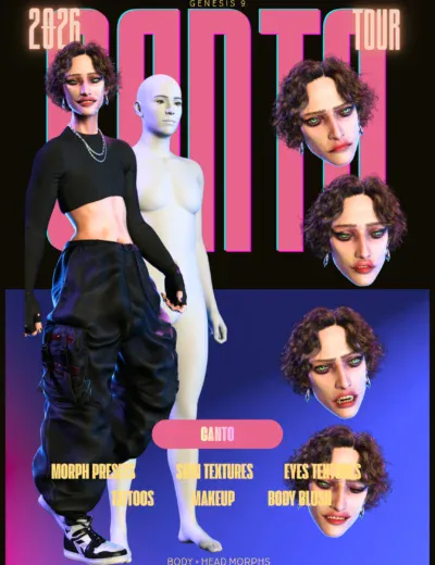 Futuristic customizable 3D character Ganto for Genesis 9 with diverse expressions and style options.