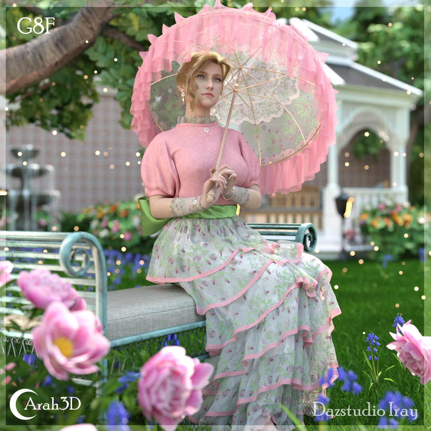 Elegant woman in vintage dress with pink parasol in lush garden with blooming roses and sunlight.