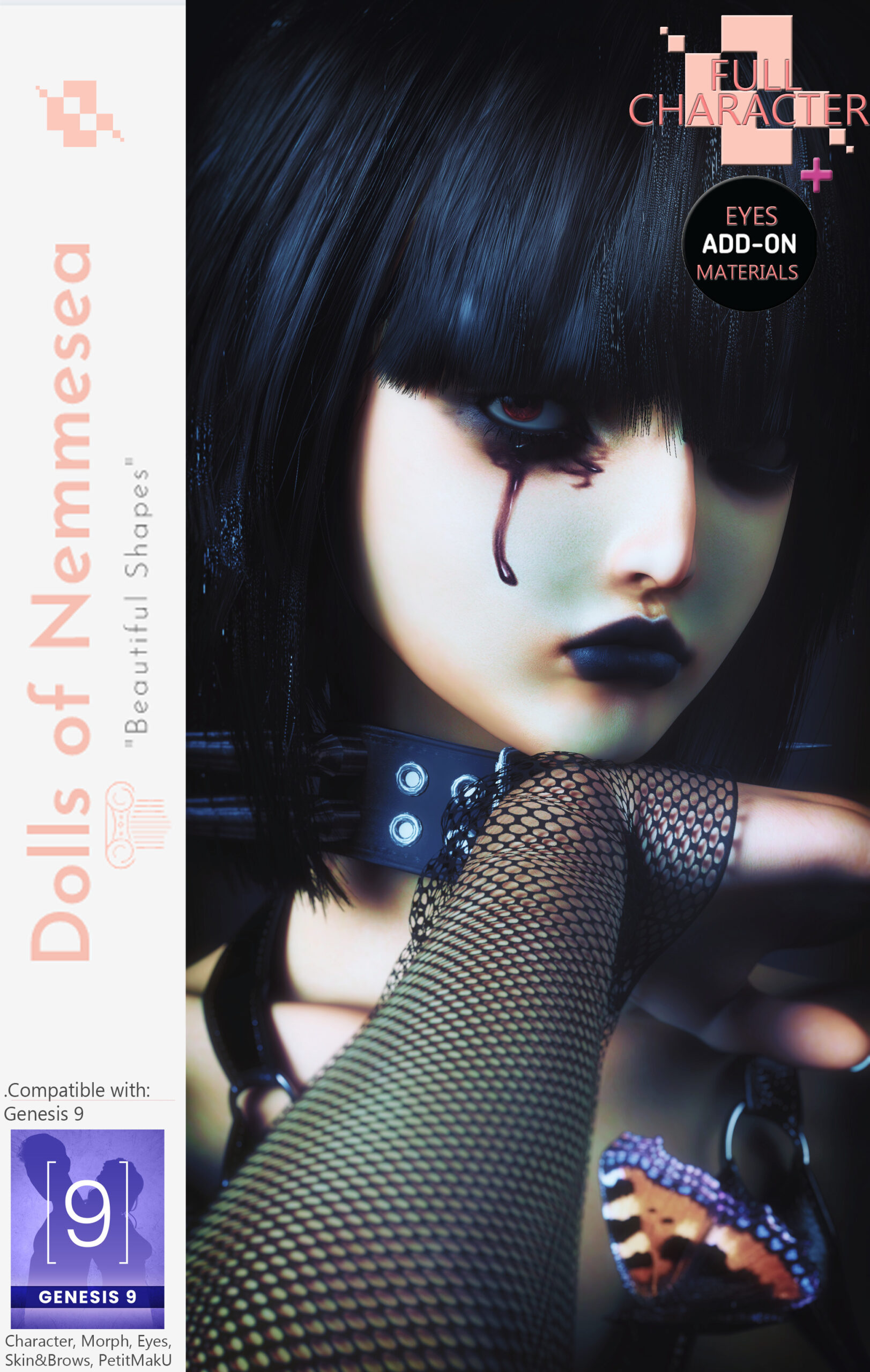 Gothic female 3D doll with porcelain skin, dark makeup, punk style for digital art and design.
