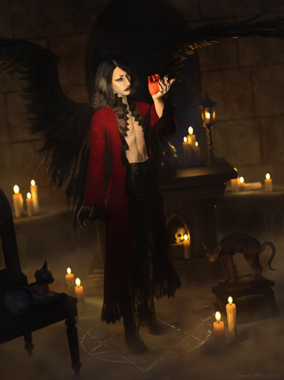 Gothic winged summoner holding glowing apple amidst candles, occult symbols, and mysterious feline.