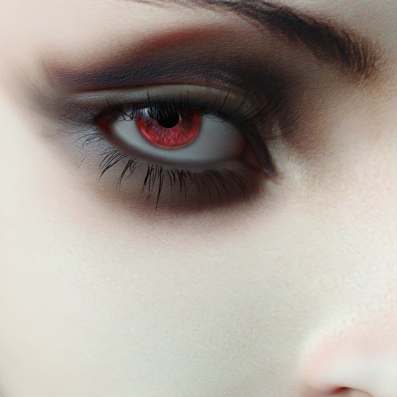 Close-up of glowing red eye with dramatic makeup and porcelain skin, creating an eerie, supernatural vibe.