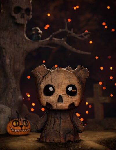 Whimsical haunted forest with carved wooden creature, glowing pumpkin, glowing owl, and eerie moonlit atmosphere.