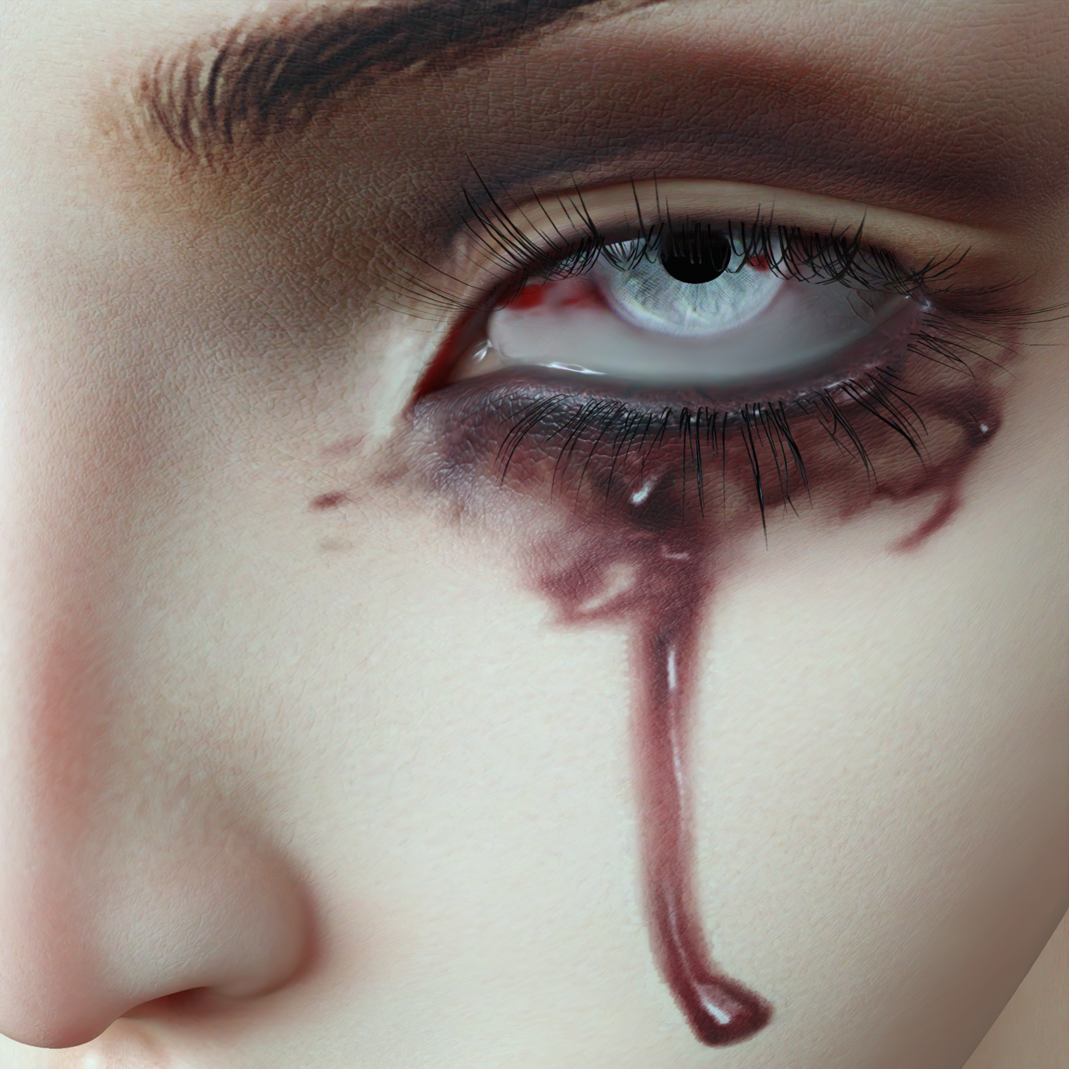 Close-up with blue eye, blood-red tear, dark makeup, conveying haunting pain and emotional vulnerability.