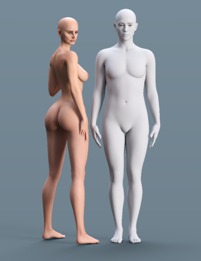 Comparison of realistic and untextured 3D human models highlighting shading and texturing techniques