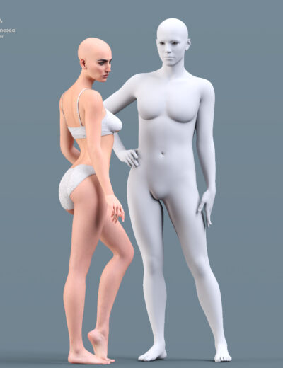 Contrast between realistic and abstract 3D human models in digital art.