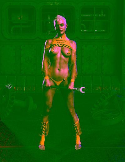 Futuristic woman holding wrench in industrial workshop with mechanical parts and hazard-inspired attire.