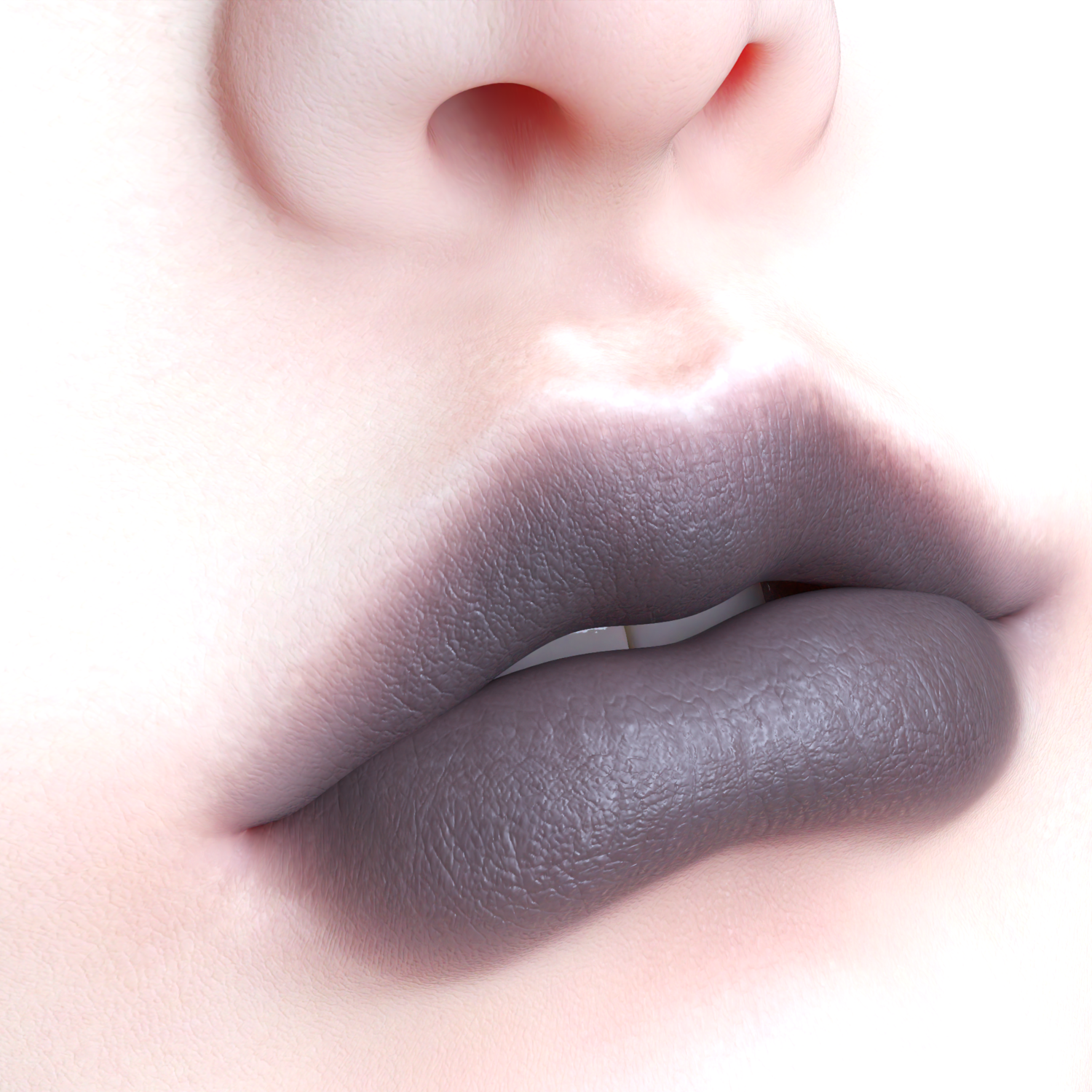 Close-up of porcelain skin and gray-purple lips with cool-toned gradient and minimalistic artistry.