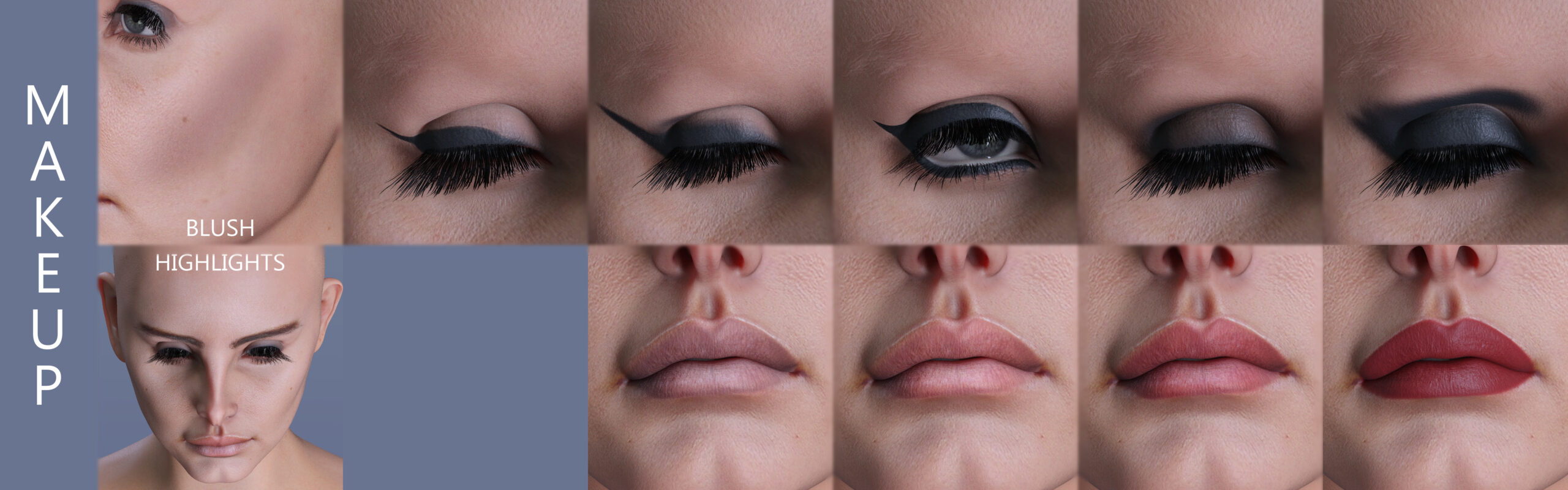 Step-by-step guide for bold eye makeup and vibrant lip transformation.
