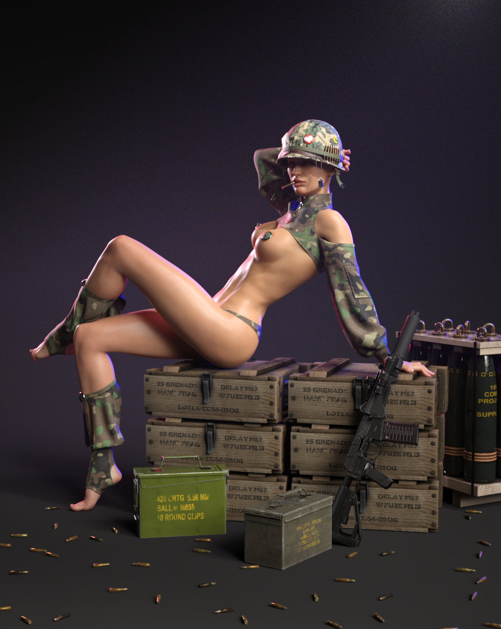 Stylized military pin-up girl with camouflage gear, firearms, and ammo in a cinematic digital art scene.