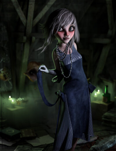 Elegant gothic woman with silver hair in a haunting attic illuminated by candlelight.