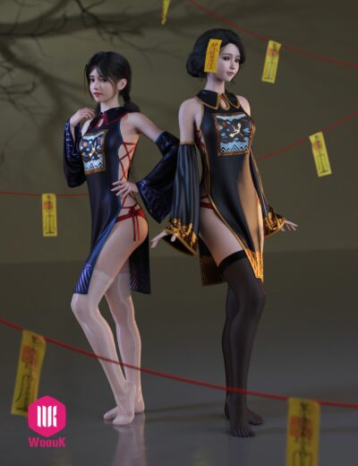 Elegant fantasy Chinese women in intricate qipao-inspired outfits with mystical talismans and ethereal lighting.