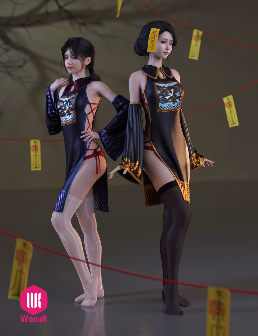 Elegant fantasy Chinese women in intricate qipao-inspired outfits with mystical talismans and ethereal lighting.