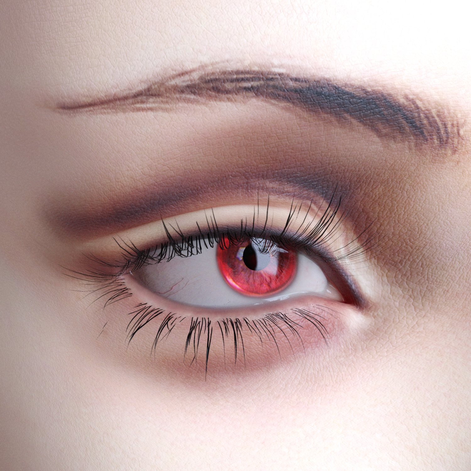 Close-up of human eye with striking red iris and detailed lifelike features.