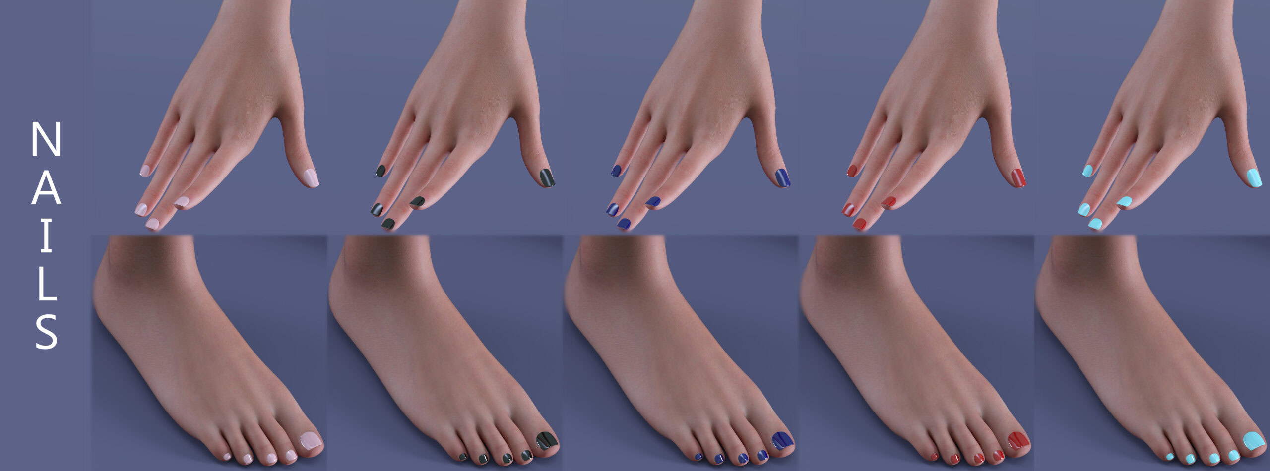 Hand and foot nail polish color display with vibrant, glossy shades in a professional layout.