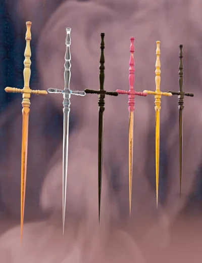 Six decorative miniature swords with colorful handles against a mystical smoky purple background.