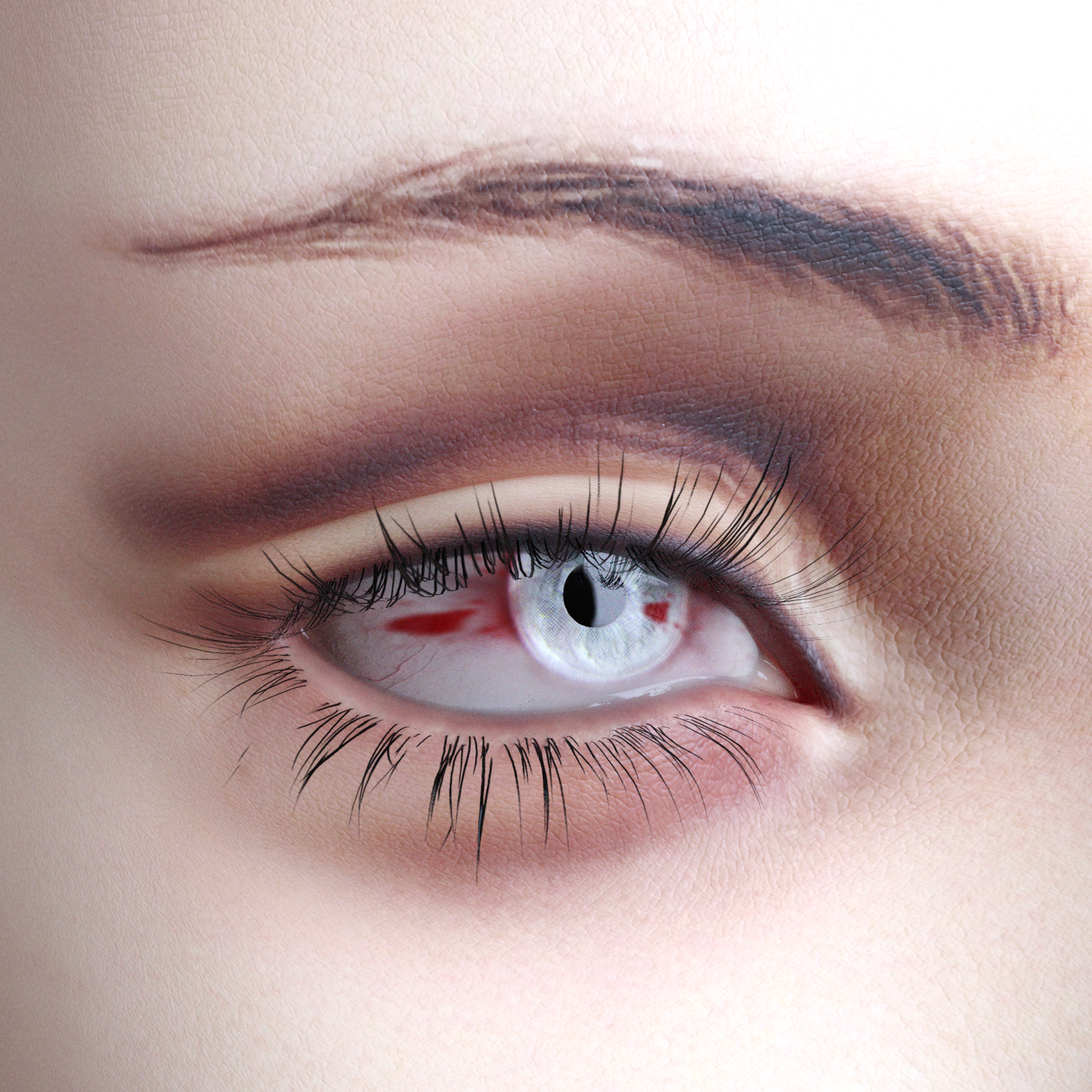 Close-up of an ethereal pale blue eye with delicate eyelashes and mysterious, calming allure.