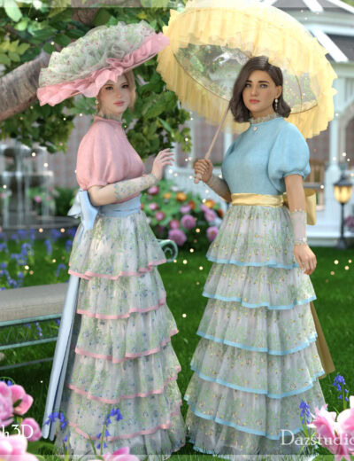 Elegant Victorian women with parasols in lush rose garden, showcasing timeless grace and floral beauty.