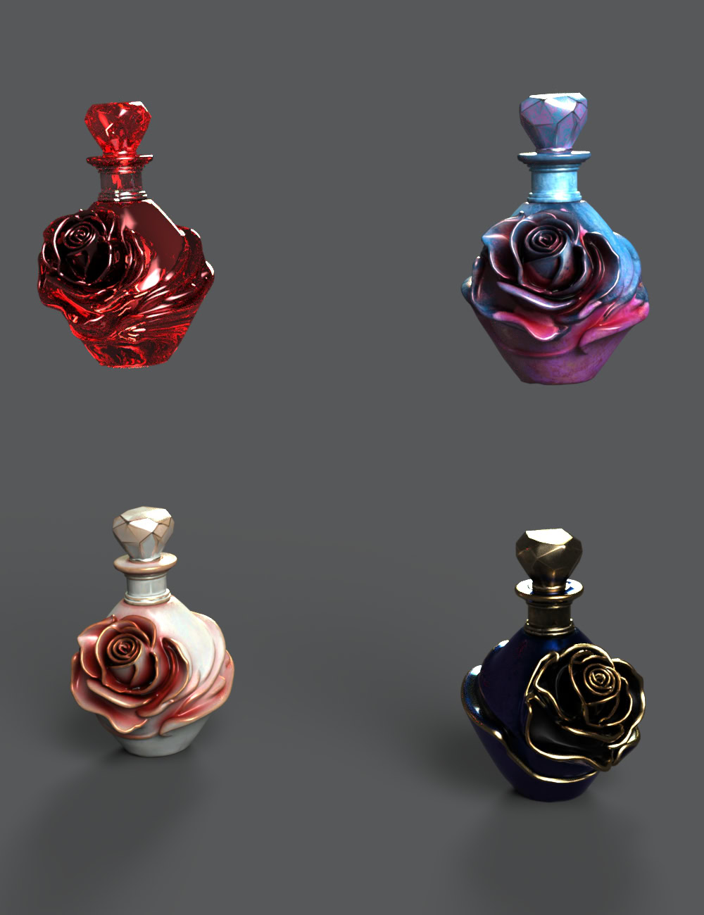 Decorative perfume bottles with colorful rose designs, showcasing luxury and elegance in vibrant hues.