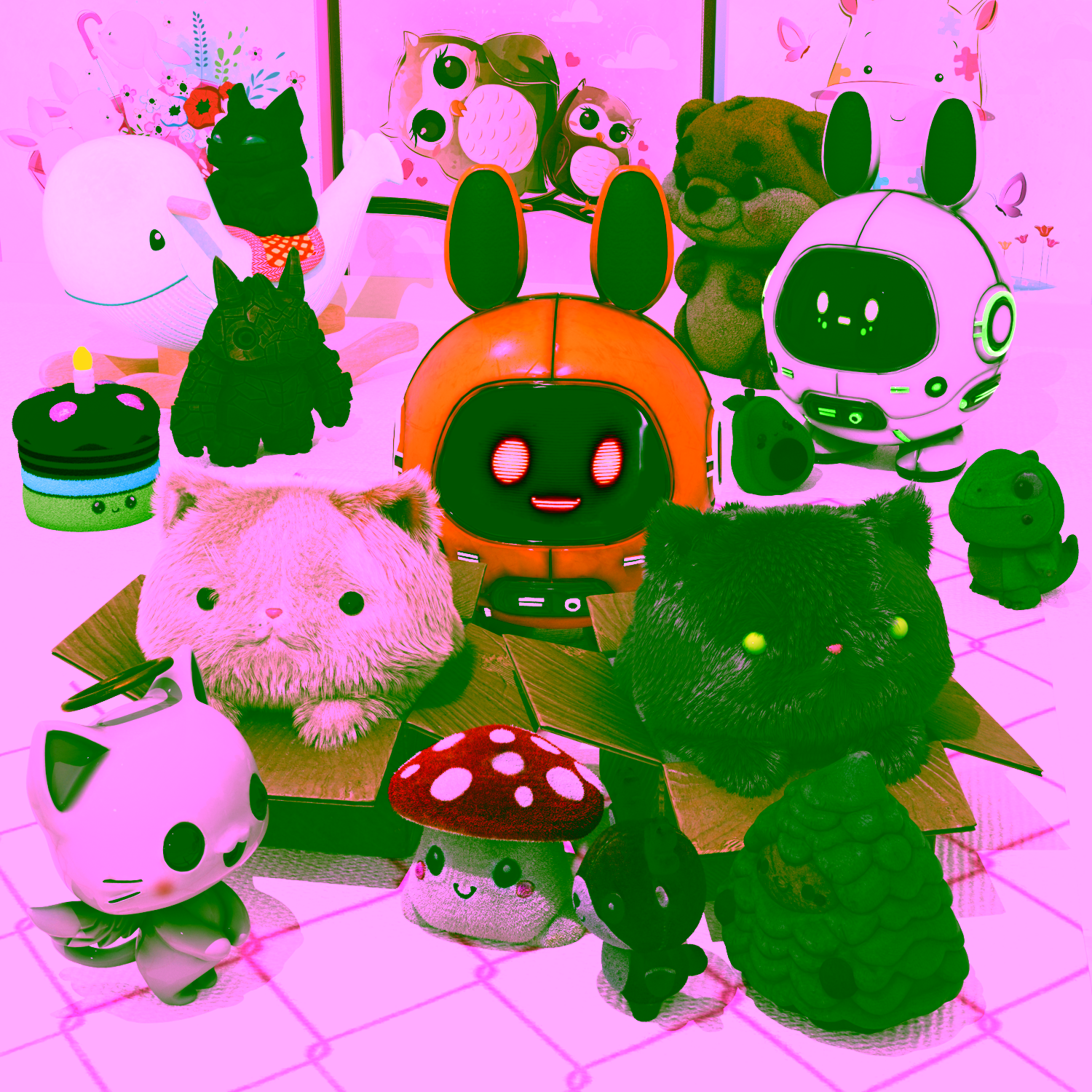 Cute plush robot and friends in a colorful, whimsical toy scene with pastel charm.
