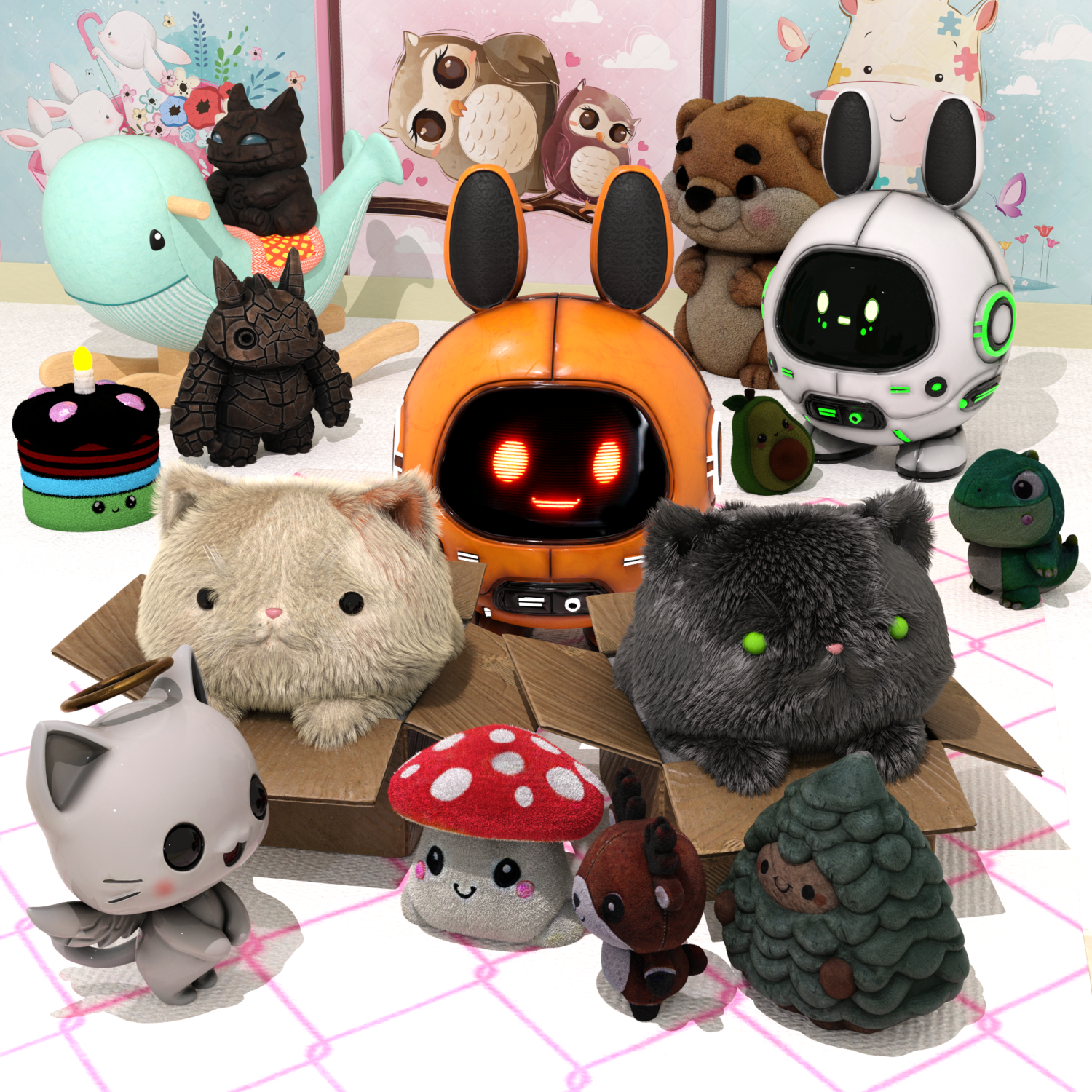 Cute plush robot and friends in a colorful, whimsical toy scene with pastel charm.