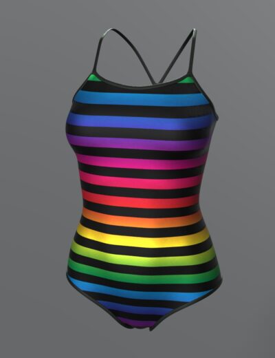 Colorful rainbow striped one-piece swimsuit with black accents and minimalist crossed straps for a bold, sporty look.