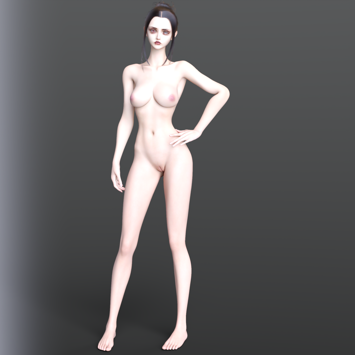 3D artistic female nude figure with realistic anatomy and subtle lighting on neutral background.
