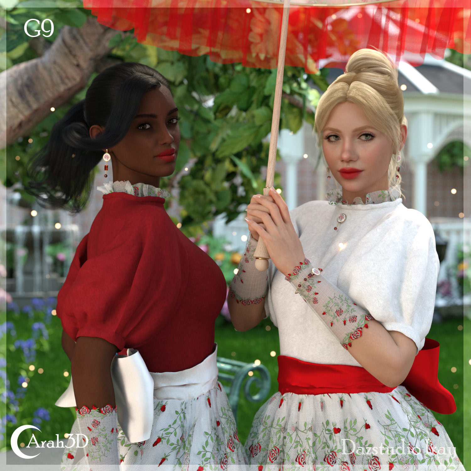 Victorian-inspired women in a lush garden with parasol, embodying elegance, friendship, and timeless grace.