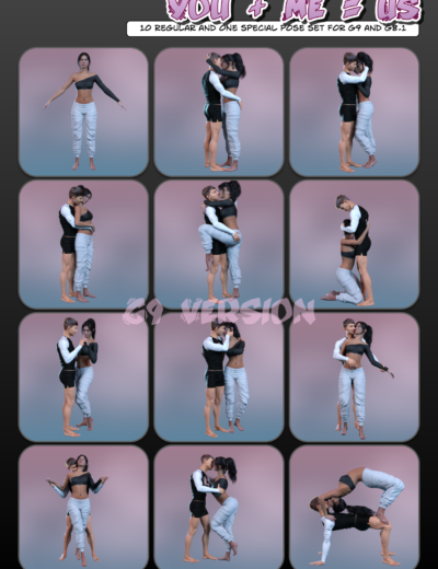 Set of romantic and playful 3D poses for G8 and G9 characters with affectionate interactions.
