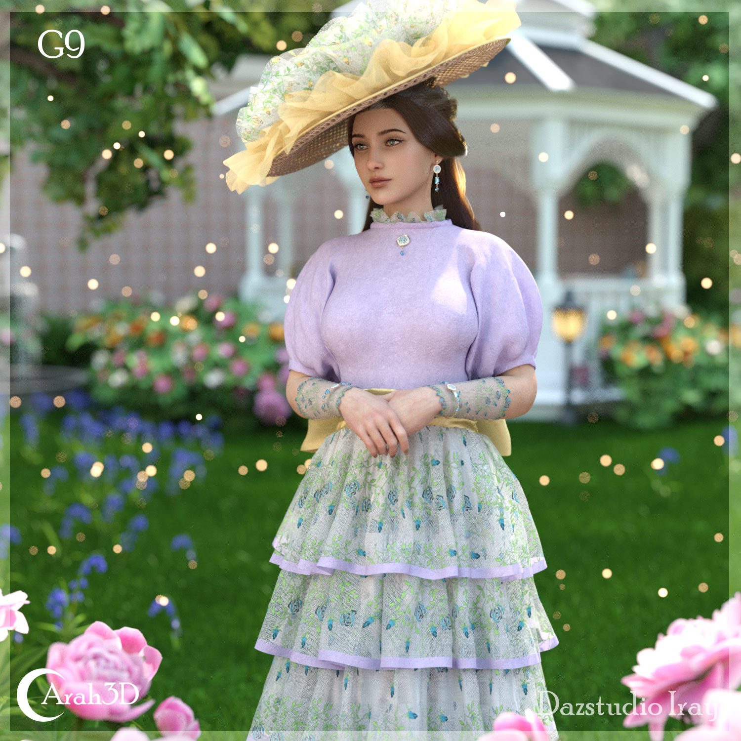 Elegant vintage woman in a floral garden, dressed in lavender and pastel fashion with a wide-brimmed hat.