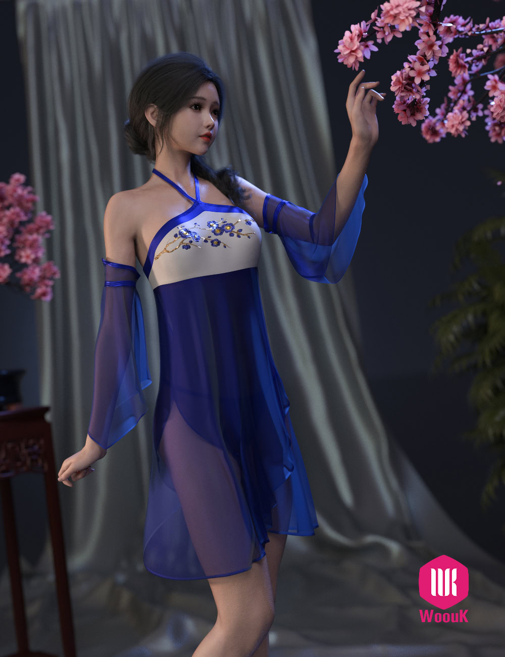 Elegant woman in blue dress surrounded by cherry blossoms and soft, dreamy lighting.