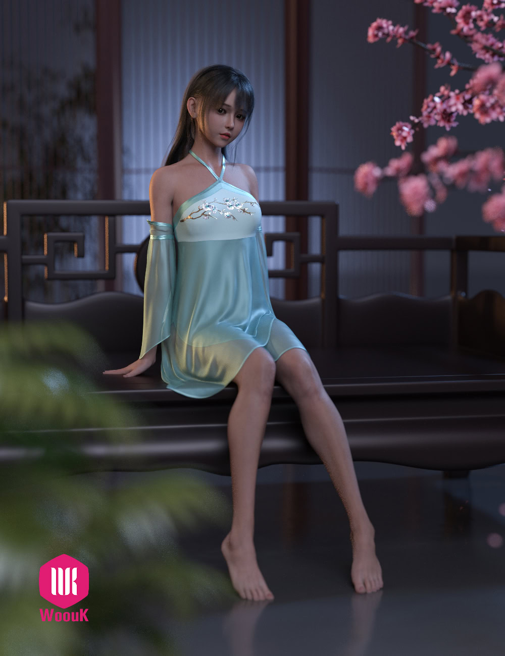 Digital artwork of elegant East Asian woman with cherry blossoms and traditional wooden architecture.