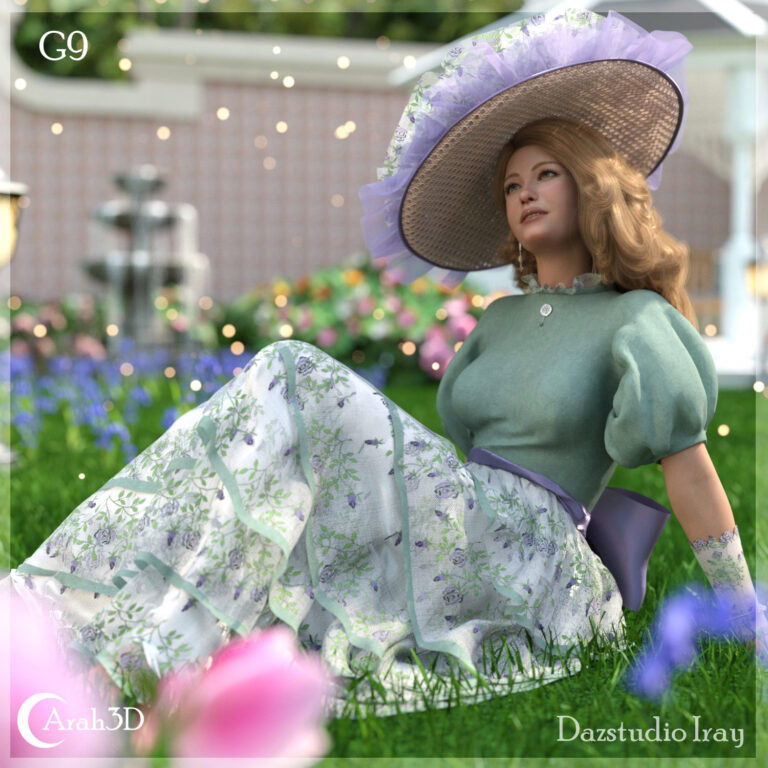 Vintage-inspired woman relaxing in blooming garden with straw hat, floral dress, and spring sunlight.