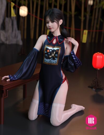 Elegant woman in traditional Asian-inspired attire illuminated by lanterns at dusk.