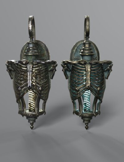 Gothic rib cage wall sconces with antique metal finish and contrasting warm yellow and cool blue lighting.