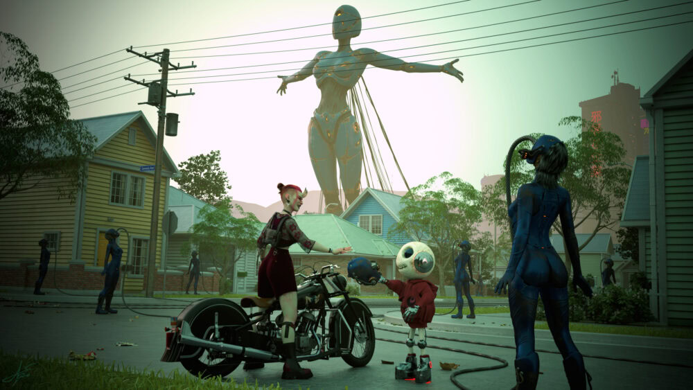 Surreal futuristic suburb with giant robot, robotic children, and sci-fi elements blending everyday life.