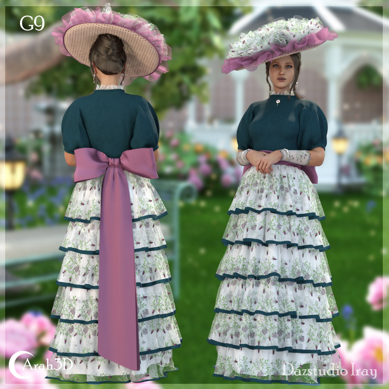 Victorian garden party woman in elegant floral dress, wide hat, and refined outdoor fashion.