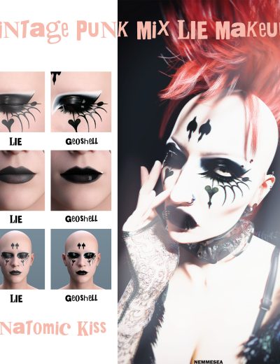 Vintage punk makeup with bold black eyeliner, matte lips, and fiery crimson mohawk by Anatomic Kiss.
