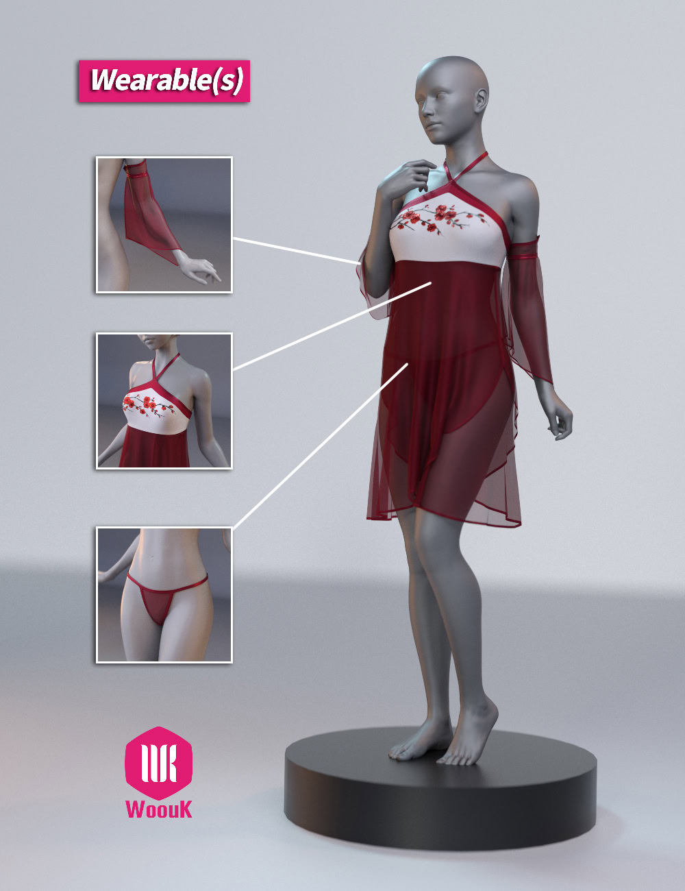 Elegant virtual red nightwear with sheer fabrics, floral details, and delicate accessories for digital fashion.