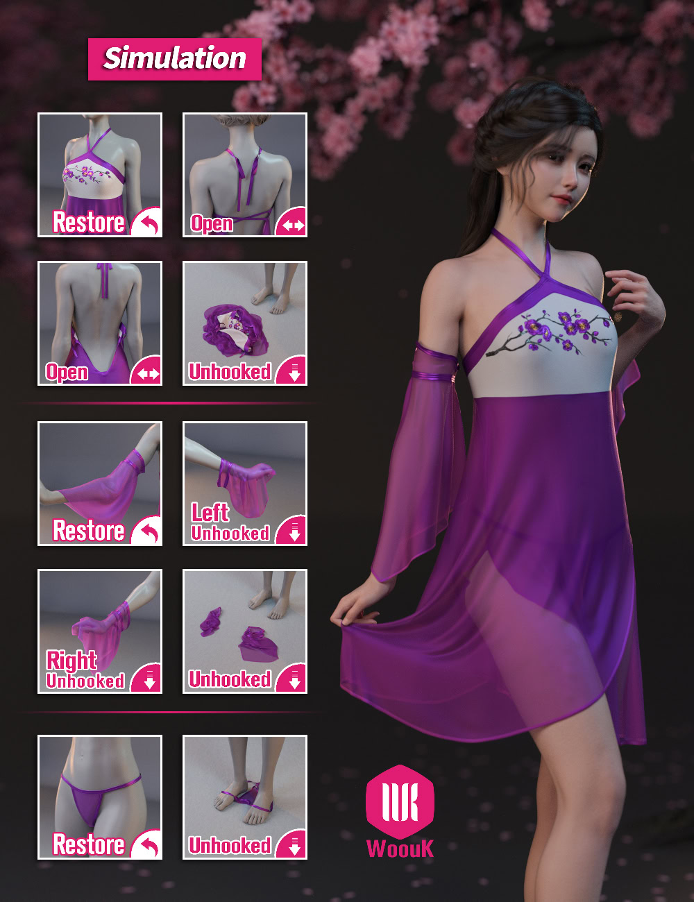 3D digital fashion showcase of customizable traditional-inspired outfit with interactive clothing features.