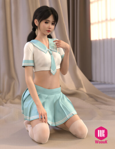 Hyperrealistic 3D Young woman in pastel sailor outfit, kneeling with calm, natural lighting.