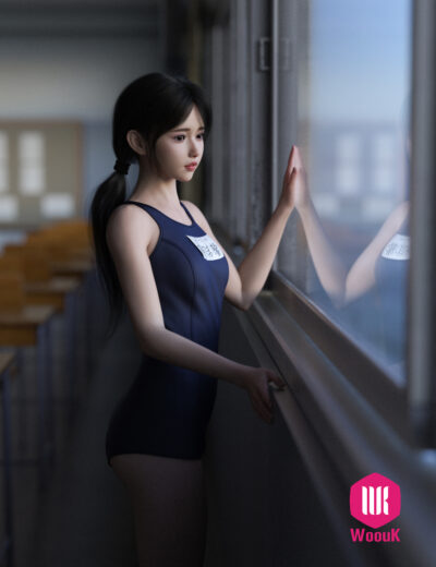 Contemplative young woman in school swimsuit gazes through window in quiet classroom scene.