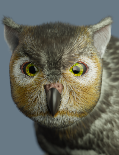 Daz Studio, highly detailed owl creature model with realistic feathers and expressive eyes, perfect for 3D rendering and digital art projects.