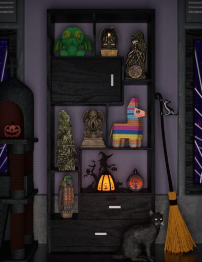 Daz Studio Halloween-themed shelf with spooky decorations and collectibles, perfect for creating festive scenes. High-quality 3D assets for realistic Halloween interior design.