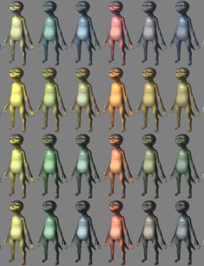 Grid of 3D humanoid models with varied colors and lighting effects for digital character design.