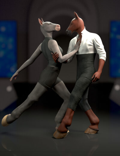 Anthropomorphic horse figures dancing elegantly in a sophisticated, moody indoor digital artwork.