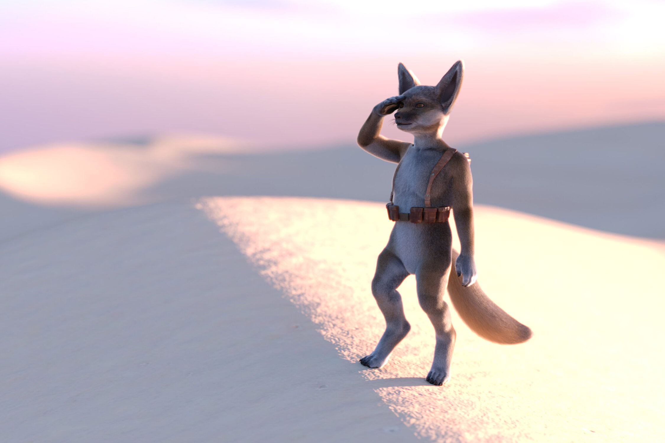 Anthropomorphic fox overlooking desert dunes at sunset with curiosity and adventure in a serene environment.