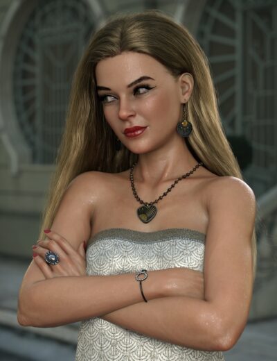 Elegant digital portrait of confident woman with blonde hair, jewelry, and ornate architectural background.