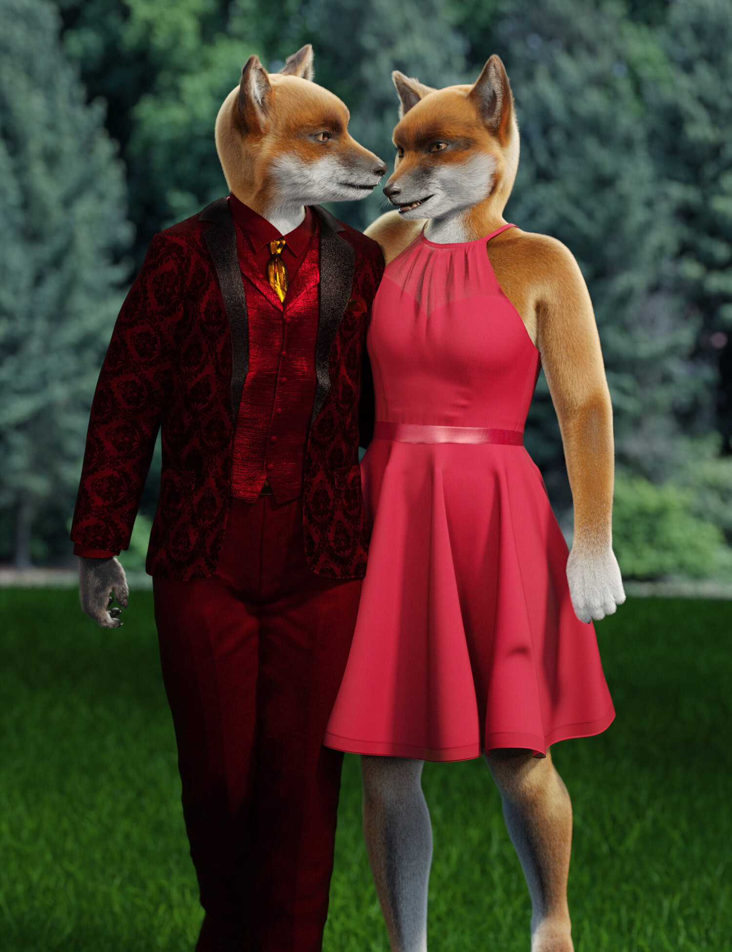 Romantic fox couple in formal attire relaxing in lush forest setting, symbolizing love and elegance.